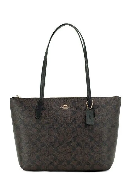 COACH Women's Brown Black Signature Canvas Medium Shoulder Tote Handbag Purse