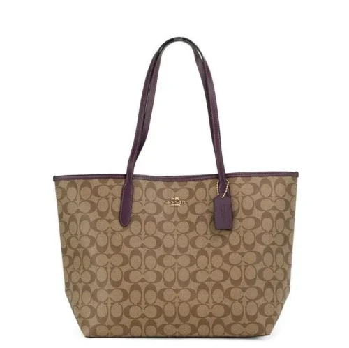 COACH Women's Signature Coated Canvas Khaki Boysenberry City Tote Shoulder Bag