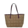 COACH Women's Signature Coated Canvas Khaki Boysenberry City Tote Shoulder Bag