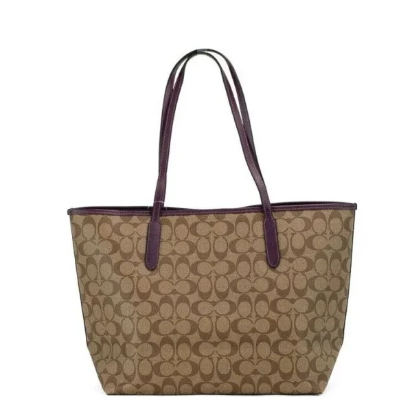 COACH Women's Signature Coated Canvas Khaki Boysenberry City Tote Shoulder Bag
