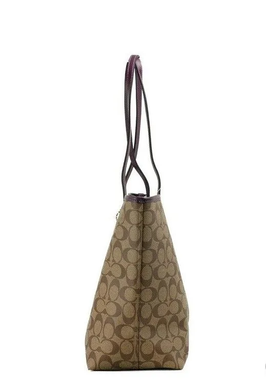 COACH Women's Signature Coated Canvas Khaki Boysenberry City Tote Shoulder Bag