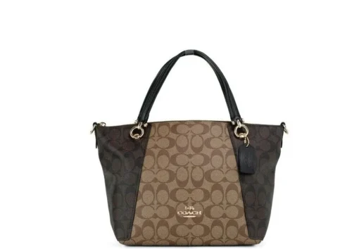COACH Women's Kacey Khaki Brown Blocked Signature Canvas Top Zip Satchel Handbag