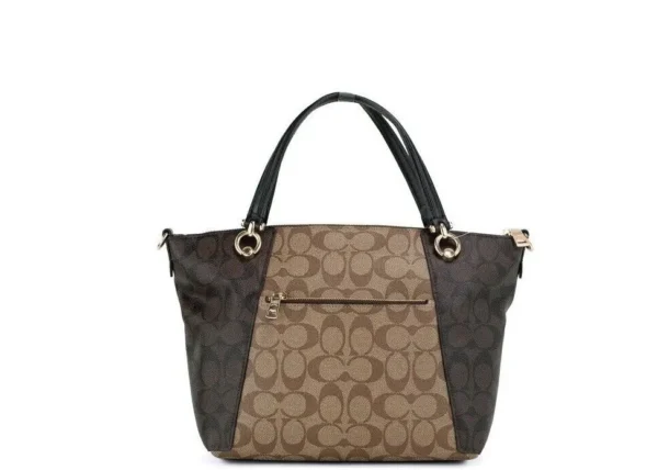 COACH Women's Kacey Khaki Brown Blocked Signature Canvas Top Zip Satchel Handbag