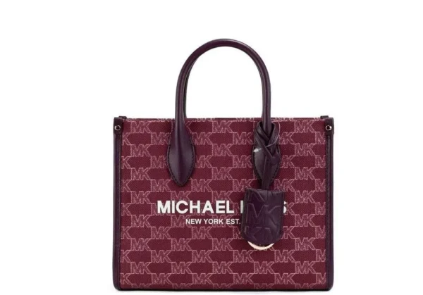 Michael Kors Women's Mirella Small Mulberry Canvas Top Zip Shopper Tote Crossbody Bag