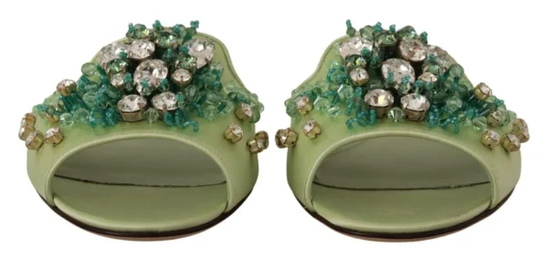 Dolce & Gabbana Women's Elegant Crystal-Embellished Green Leather Slides