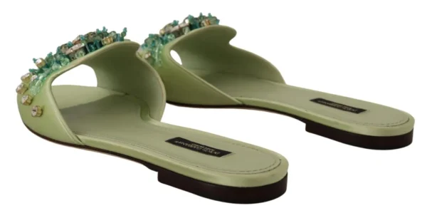 Dolce & Gabbana Women's Elegant Crystal-Embellished Green Leather Slides