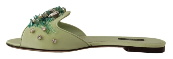 Dolce & Gabbana Women's Elegant Crystal-Embellished Green Leather Slides