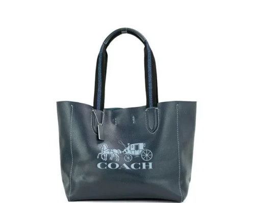 COACH Women's Derby Medium Navy Pebble Leather Horse Carriage Tote Handbag Purse