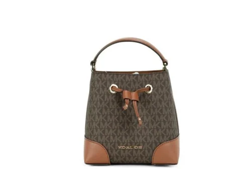 Michael Kors Women's Mercer Small Brown Signature Leather Bucket Crossbody Handbag Purse