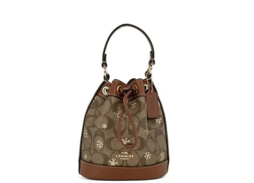 COACH Women's Dempsey 15 Small Snowflake Print Khaki Coated Canvas Bucket Bag
