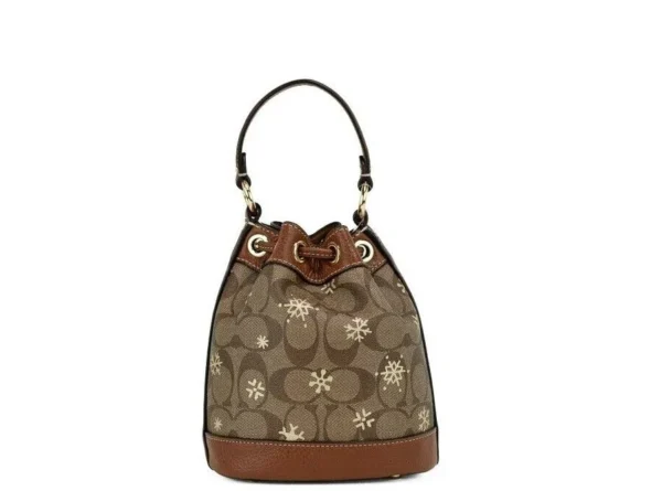 COACH Women's Dempsey 15 Small Snowflake Print Khaki Coated Canvas Bucket Bag