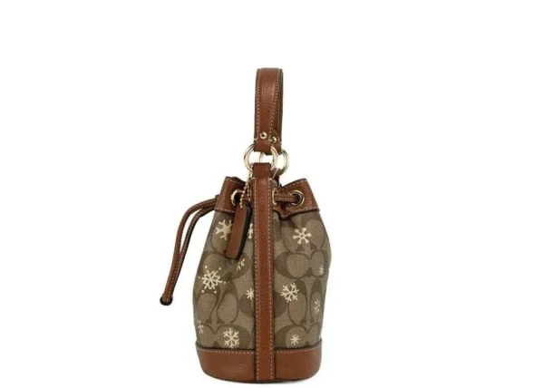 COACH Women's Dempsey 15 Small Snowflake Print Khaki Coated Canvas Bucket Bag