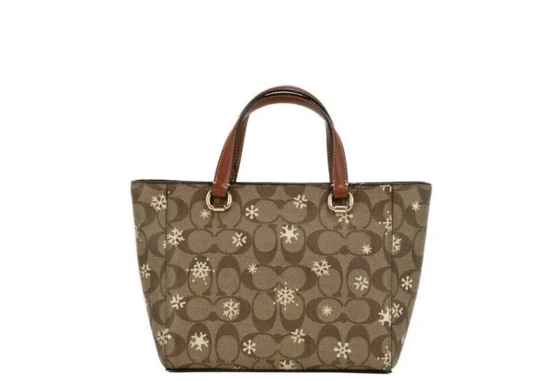 COACH Women's Alice Small Snowflake Print Khaki Canvas Satchel Handbag Purse