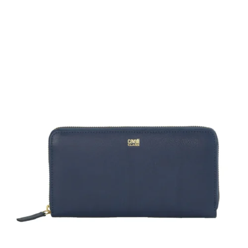 Cavalli Class Women's Elegant Long Zipper Calfskin Wallet in Blue