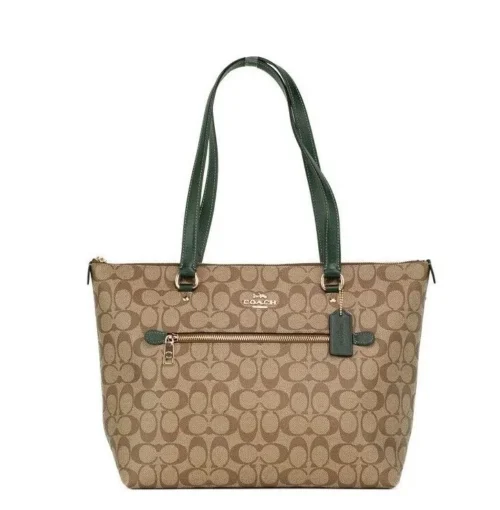 COACH Women's Signature Coated Canvas Khaki Amazon Green Leather Gallery Tote Bag