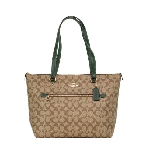 COACH Women's Signature Coated Canvas Khaki Amazon Green Leather Gallery Tote Bag