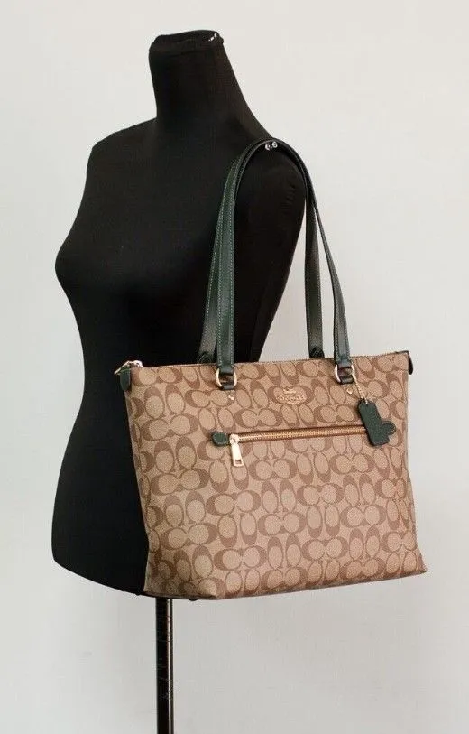 COACH Women's Signature Coated Canvas Khaki Amazon Green Leather Gallery Tote Bag