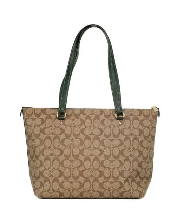 COACH Women's Signature Coated Canvas Khaki Amazon Green Leather Gallery Tote Bag