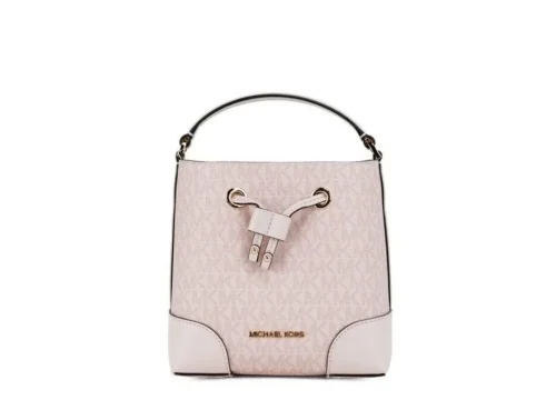 Michael Kors Women's Mercer Small Dark Powder Blush PVC Bucket Crossbody Handbag Purse Pink