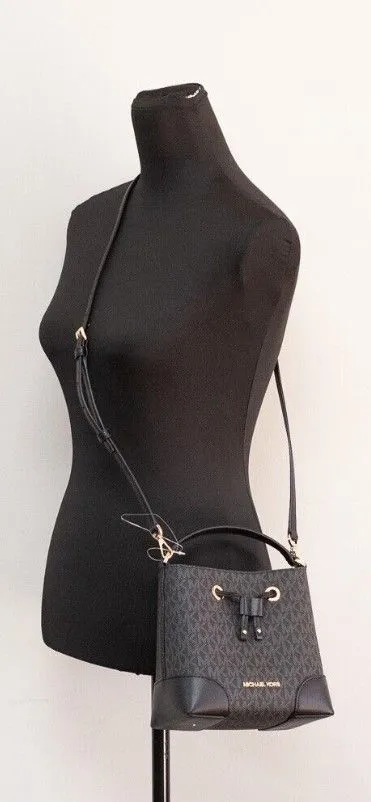 Michael Kors Women's Mercer Small Black Signature Leather Bucket Crossbody Handbag Purse