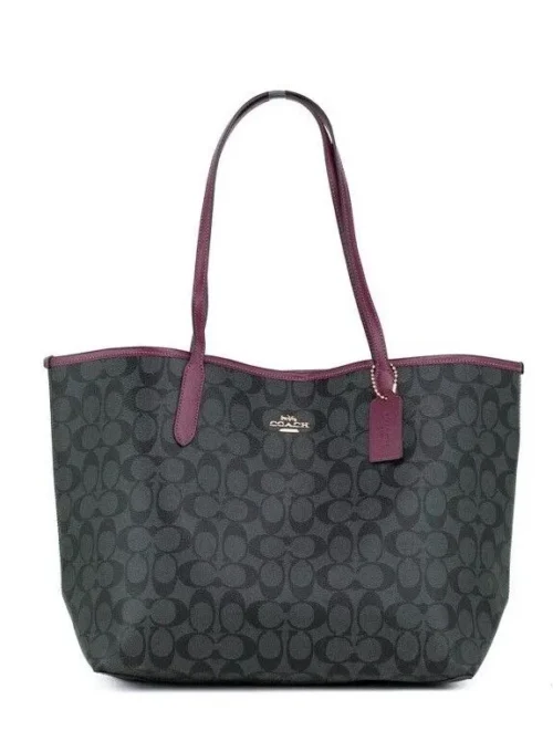 COACH Women's Graphite Black Cherry Coated Canvas City Tote Shoulder Bag Purse