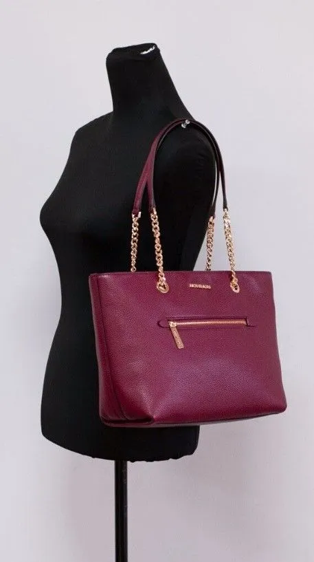 Michael Kors Women's Jet Set Medium Mulberry Leather Front Zip Chain Tote Bag Handbag