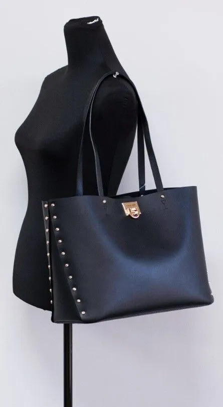 Michael Kors Women's Manhattan Large Black Smooth Leather Studded Shoulder Tote Handbag