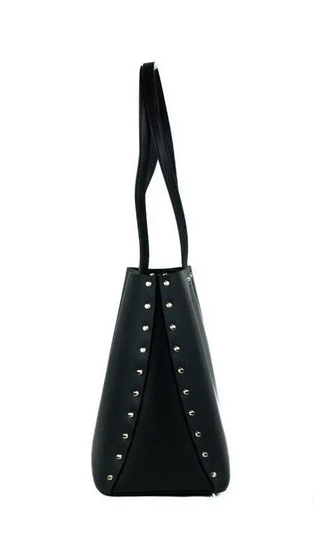 Michael Kors Women's Manhattan Large Black Smooth Leather Studded Shoulder Tote Handbag