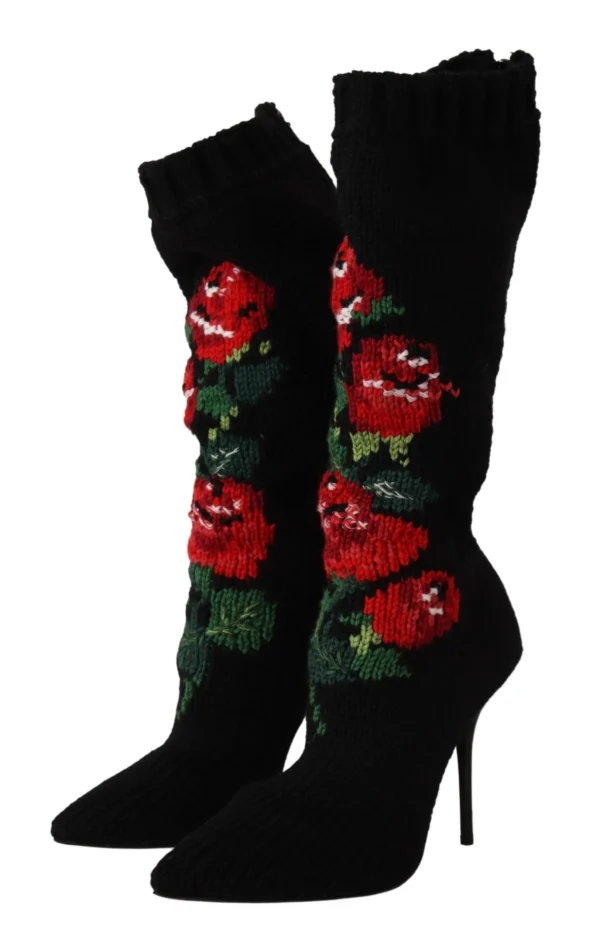 Dolce & Gabbana Women's Elegant Sock Boots with Red Roses Detail
