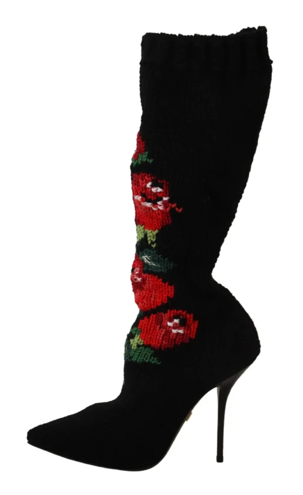 Dolce & Gabbana Women's Elegant Sock Boots with Red Roses Detail