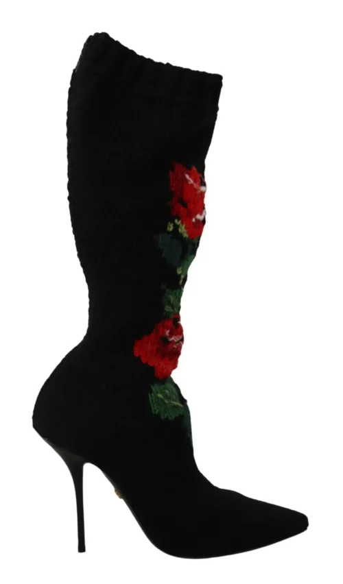 Dolce & Gabbana Women's Elegant Sock Boots with Red Roses Detail