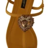 Dolce & Gabbana Women's Mustard T-Strap Flat Sandals with Heart Embellishment