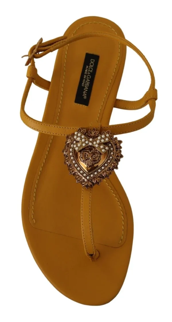 Dolce & Gabbana Women's Mustard T-Strap Flat Sandals with Heart Embellishment