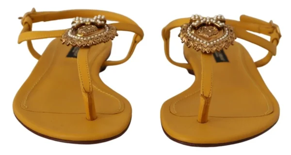 Dolce & Gabbana Women's Mustard T-Strap Flat Sandals with Heart Embellishment