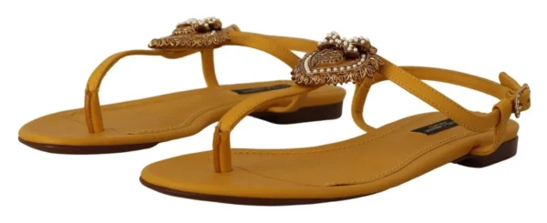 Dolce & Gabbana Women's Mustard T-Strap Flat Sandals with Heart Embellishment