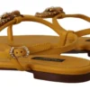 Dolce & Gabbana Women's Mustard T-Strap Flat Sandals with Heart Embellishment