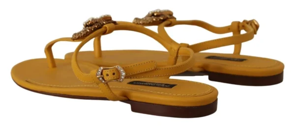 Dolce & Gabbana Women's Mustard T-Strap Flat Sandals with Heart Embellishment
