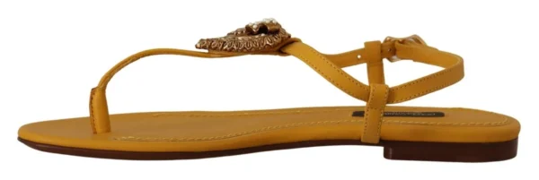 Dolce & Gabbana Women's Mustard T-Strap Flat Sandals with Heart Embellishment