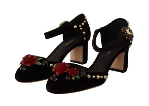 Dolce & Gabbana Women's Black Crystal Rose Heel Sandals