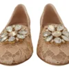 Dolce & Gabbana Women's Elegant Beige Lace Vally Flats with Crystal Accent