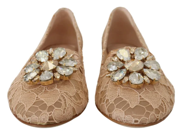 Dolce & Gabbana Women's Elegant Beige Lace Vally Flats with Crystal Accent