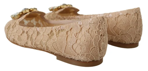 Dolce & Gabbana Women's Elegant Beige Lace Vally Flats with Crystal Accent