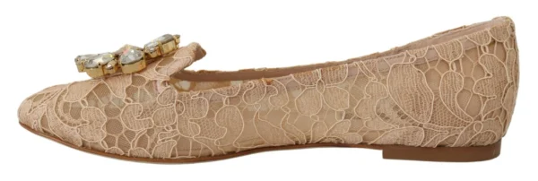 Dolce & Gabbana Women's Elegant Beige Lace Vally Flats with Crystal Accent