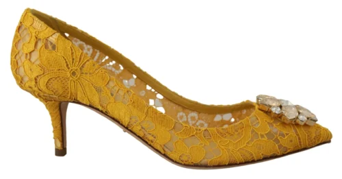 Dolce & Gabbana Women's Yellow Lace Heels with Crystal Embellishment