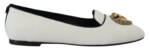 Dolce & Gabbana Women's Elegant White Velvet Loafers with Gold Heart Detail