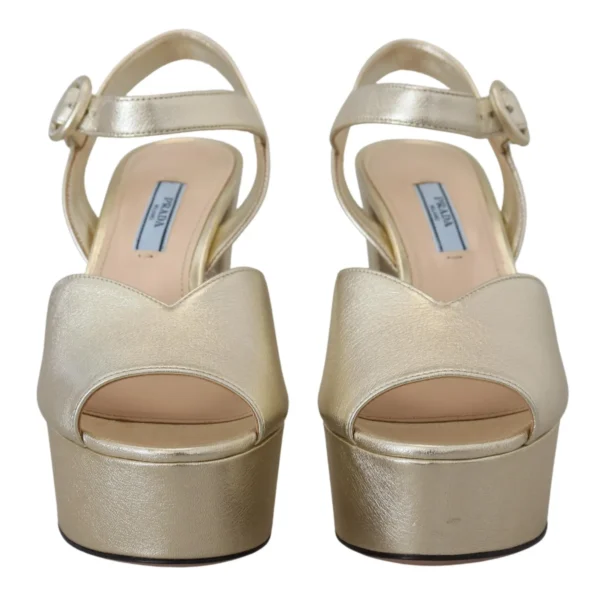 Prada Women's Elegant Gold Leather Block Heel Sandals