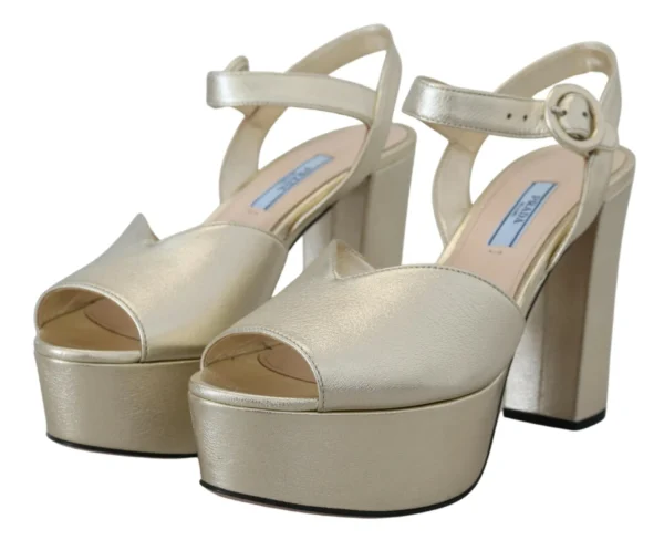 Prada Women's Elegant Gold Leather Block Heel Sandals