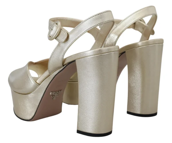 Prada Women's Elegant Gold Leather Block Heel Sandals