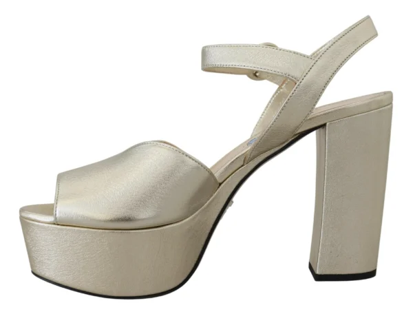 Prada Women's Elegant Gold Leather Block Heel Sandals
