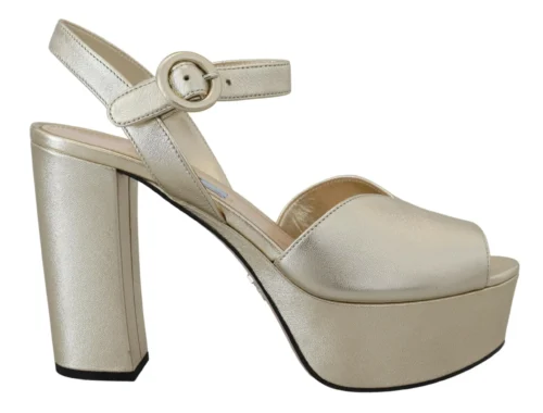 Prada Women's Elegant Gold Leather Block Heel Sandals